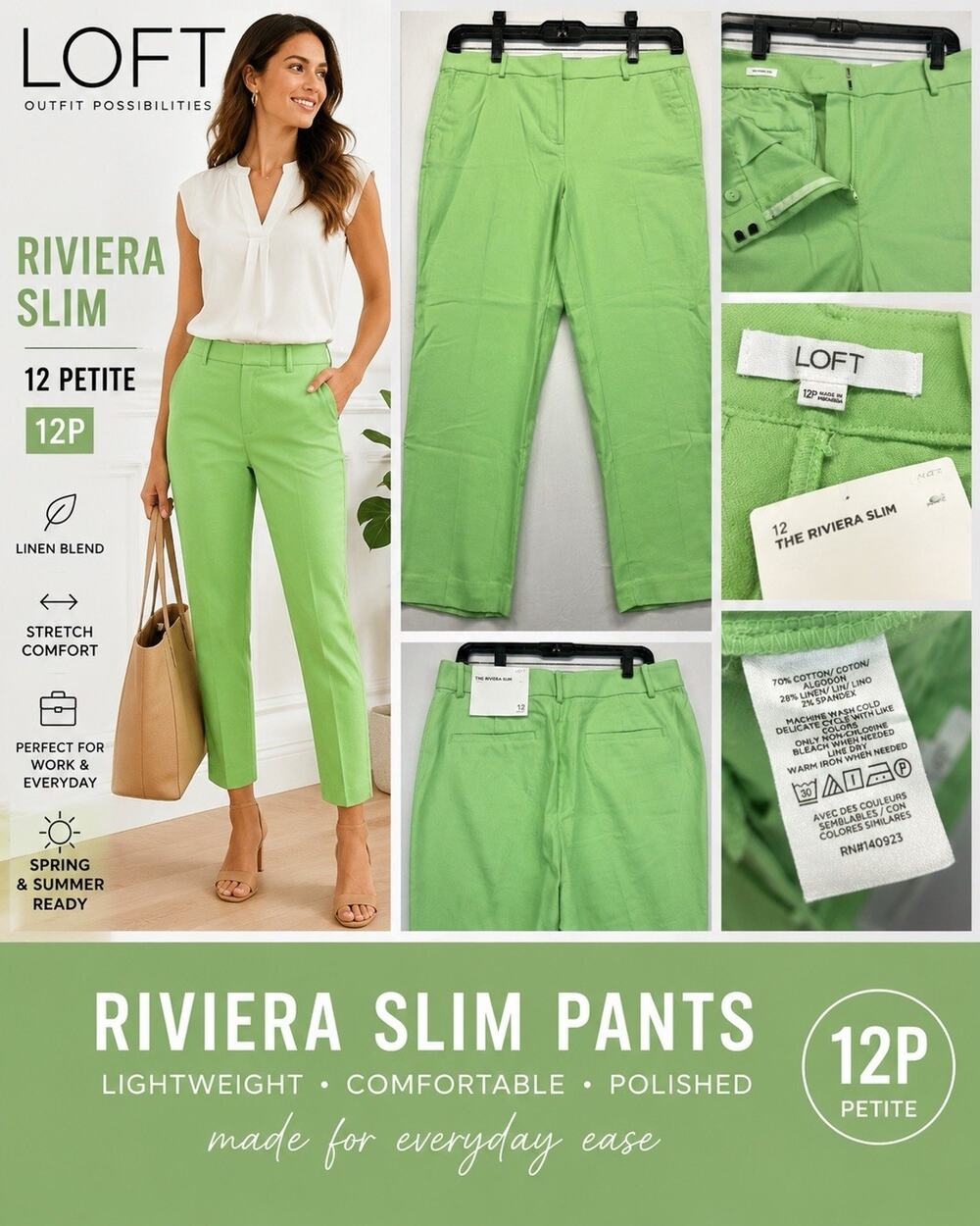 LOFT Riviera Slim Pants Women’s 12P Green Linen Blend Stretch Ankle Career